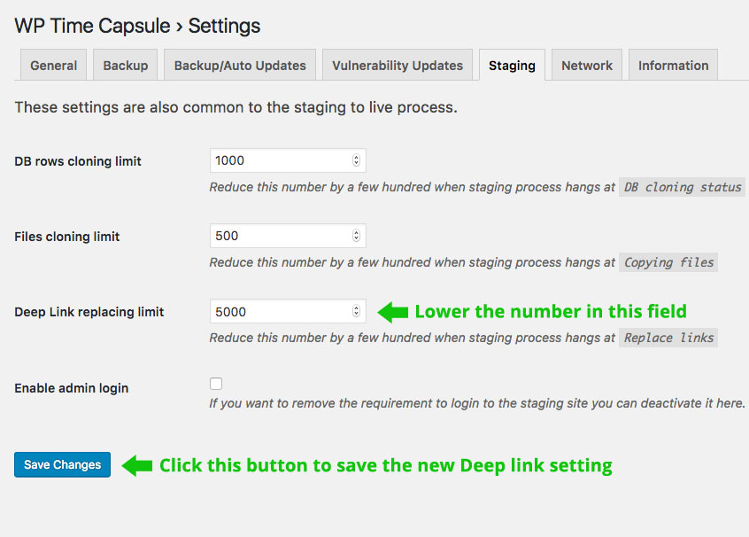 WP Time Capsule Staging Settings
